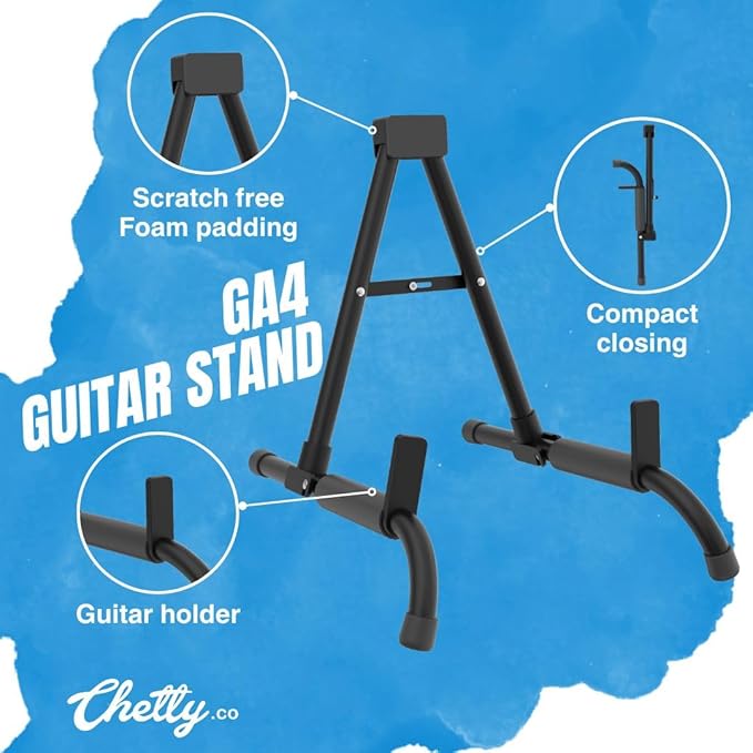 Chetty GA4 Adjustable Portable Guitar Stand Foldable Sturdy Lightweight Compact Durable Wooden Metal Universal AntiSlip Stand for Acoustic Electric Bass Travel Display (GA4)