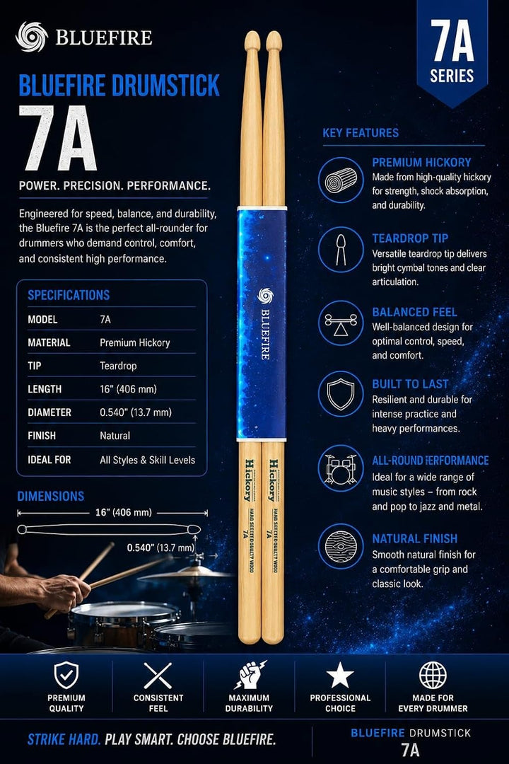 Bluefire 7A Hickory Wood Drumsticks | Hickory Wood Premium Drum Sticks