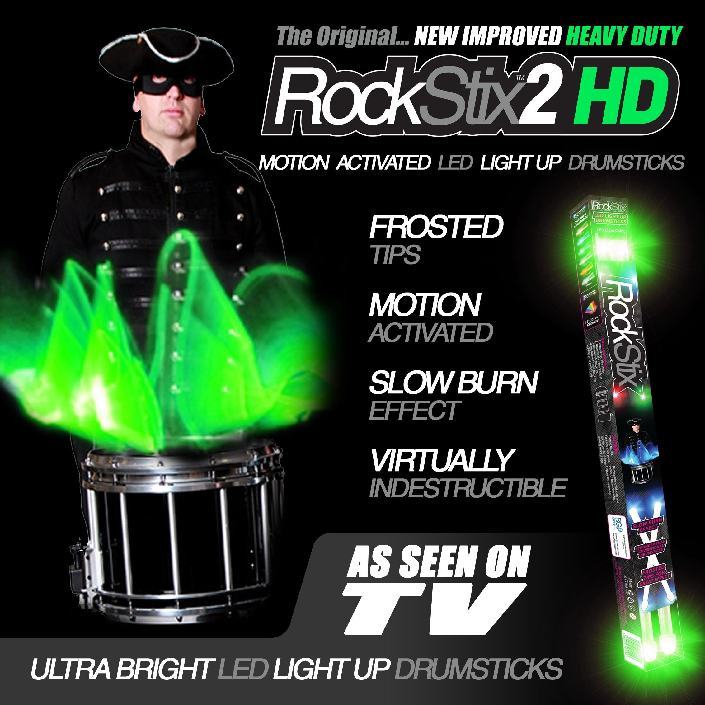 ROCKSTIX 2HD GREEN, BRIGHT LED LIGHT UP DRUMSTICKS