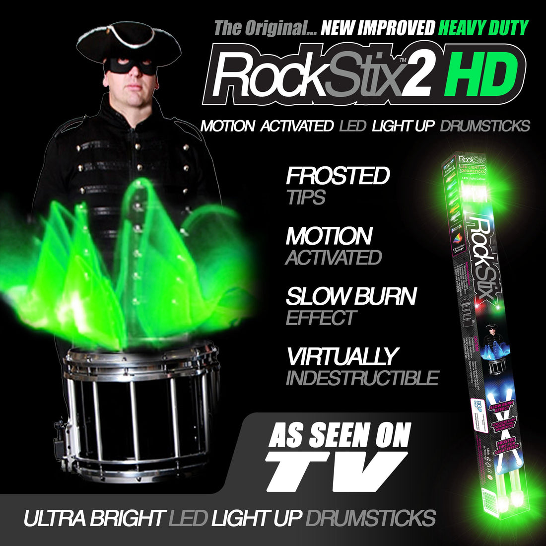 ROCKSTIX 2HD GREEN, BRIGHT LED LIGHT UP DRUMSTICKS