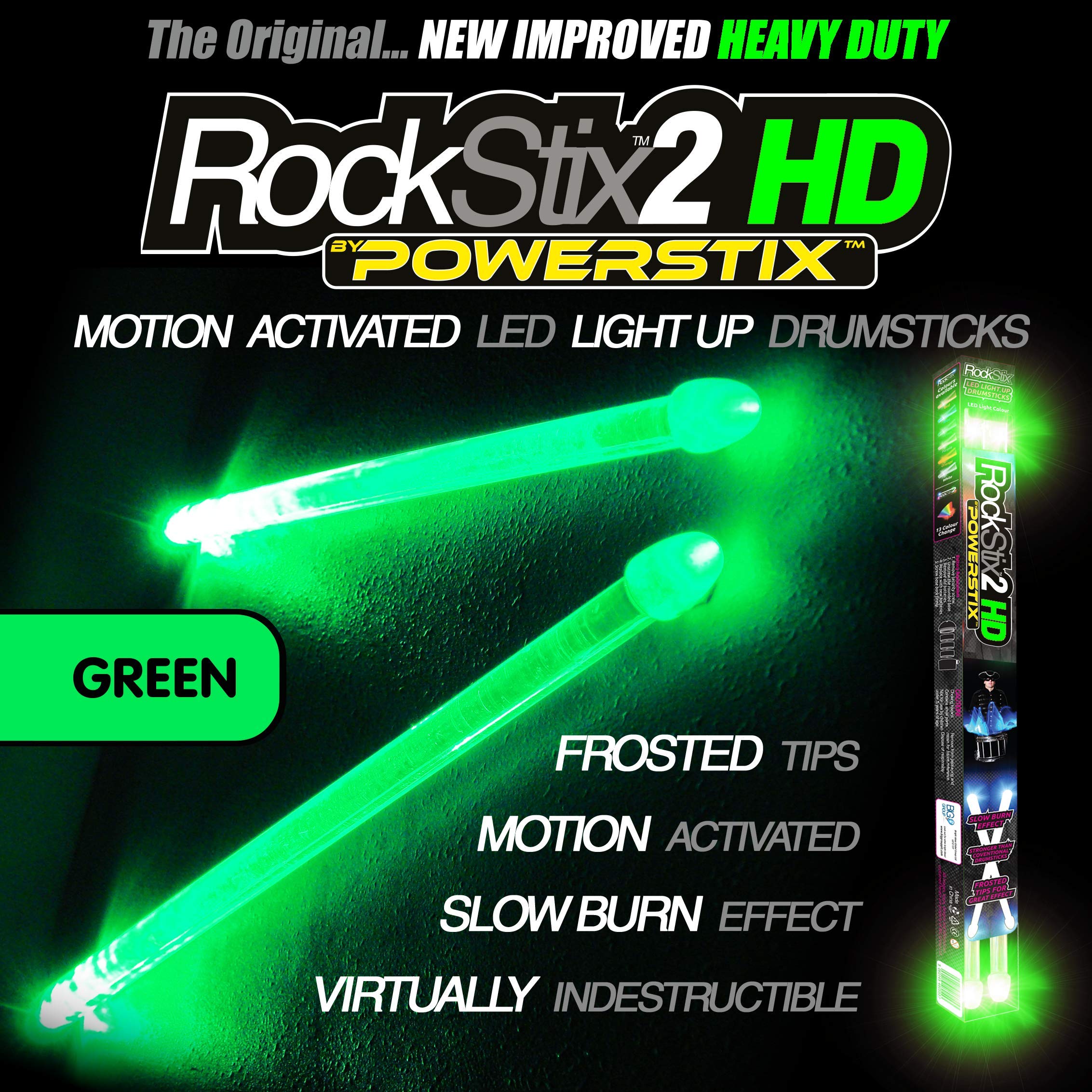 ROCKSTIX 2HD GREEN, BRIGHT LED LIGHT UP DRUMSTICKS